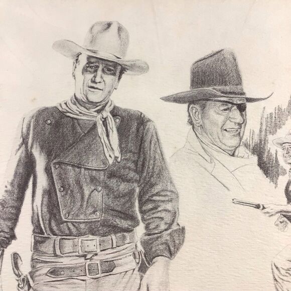 Vintage 1975 Glen Base John Wayne Pencil Sketch Art Framed - Picture 10 of 16